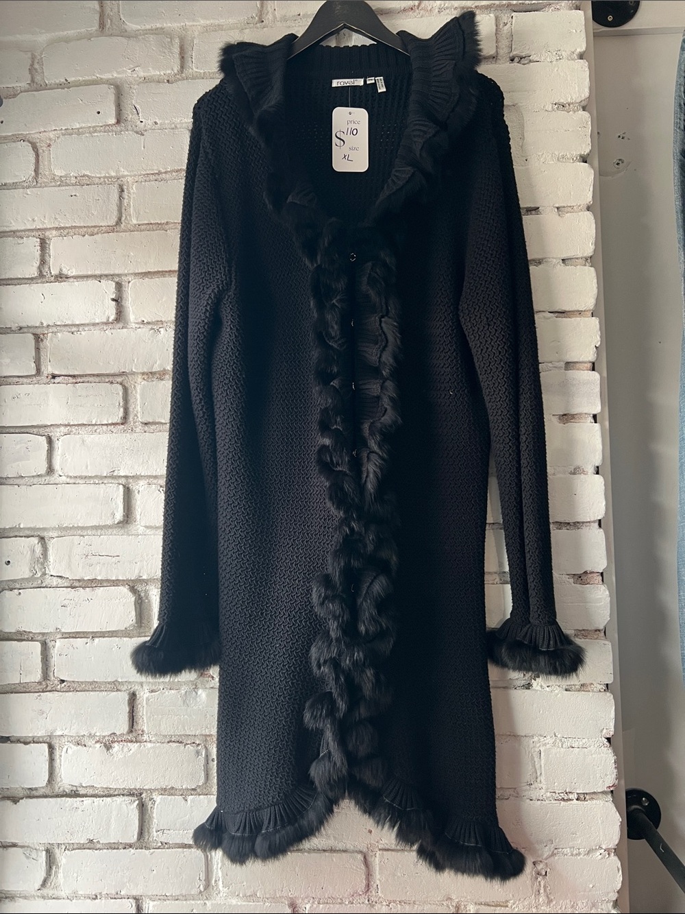Vintage Black fur Trim Knit Coatigan fur trim cardigan sweater v neck XL bell